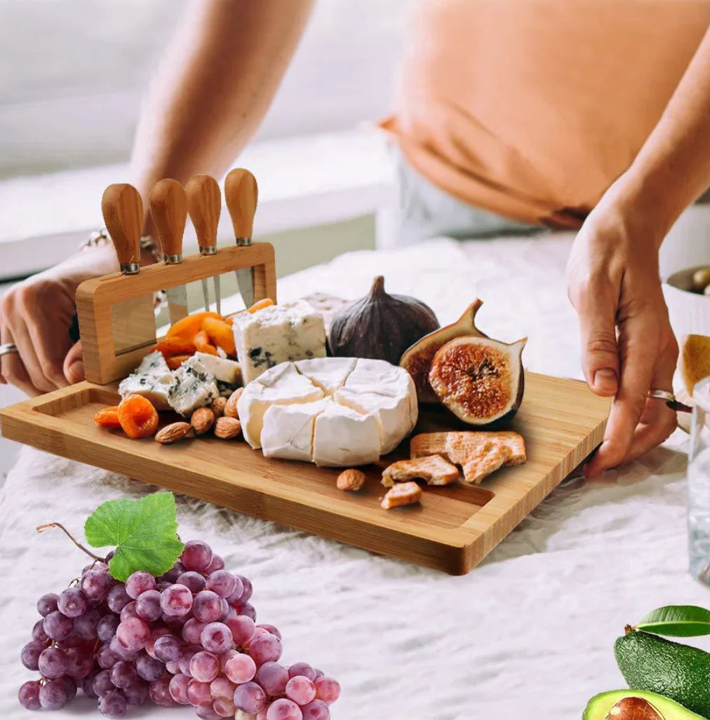 Bamboo Rectangle Cutting Board Set with 4-Piece Cheese Knife Set Combination Package-Unique Christmas Gift