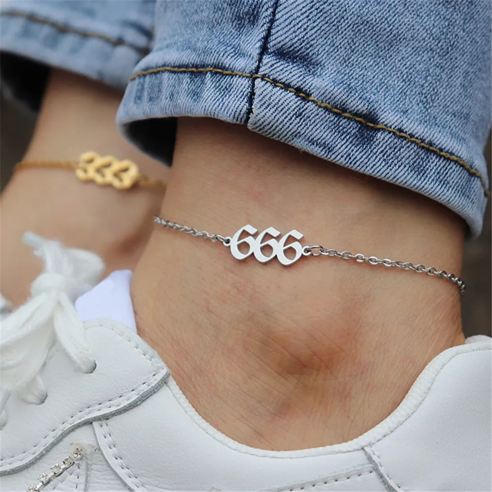 18K Gold Stainless Steel Ankle Bracelet Jewelry Women Tarnish Free 111--999 Lucky Angel Number Anklet