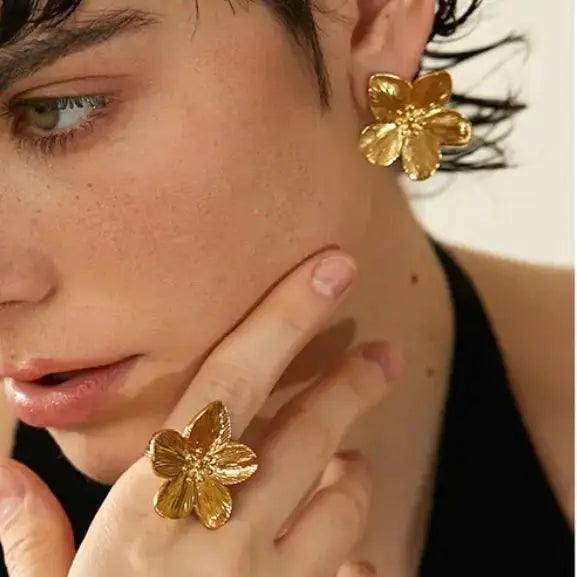 Nabest Stainless Steel Women French Flower Charm Ring and Earrings Jewelry Sets Waterproof Gold Plated Stylish Jewelry Kit