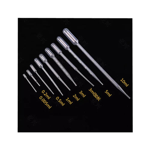 0.005ml 0.2ml 0.5ml 1ml 2ml 3ml 5ml 10ml Plastic Pipette Plastic Dropper Tube