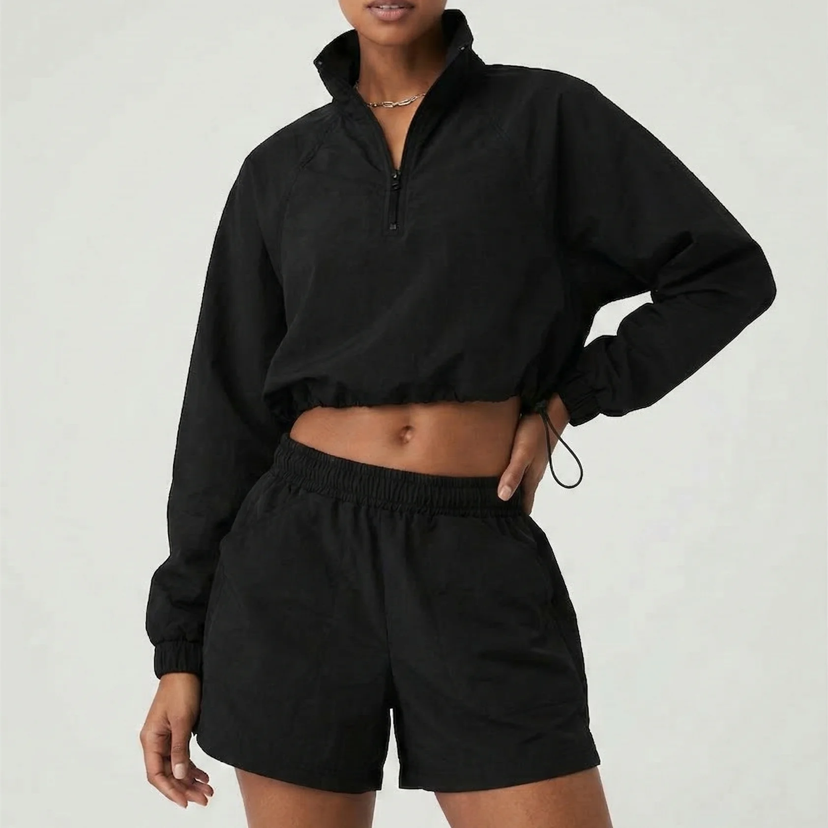 High-quality Women's1/ 4 Zip Drawstring Top and Shorts Tracksuit Set 2 Piece Outfits