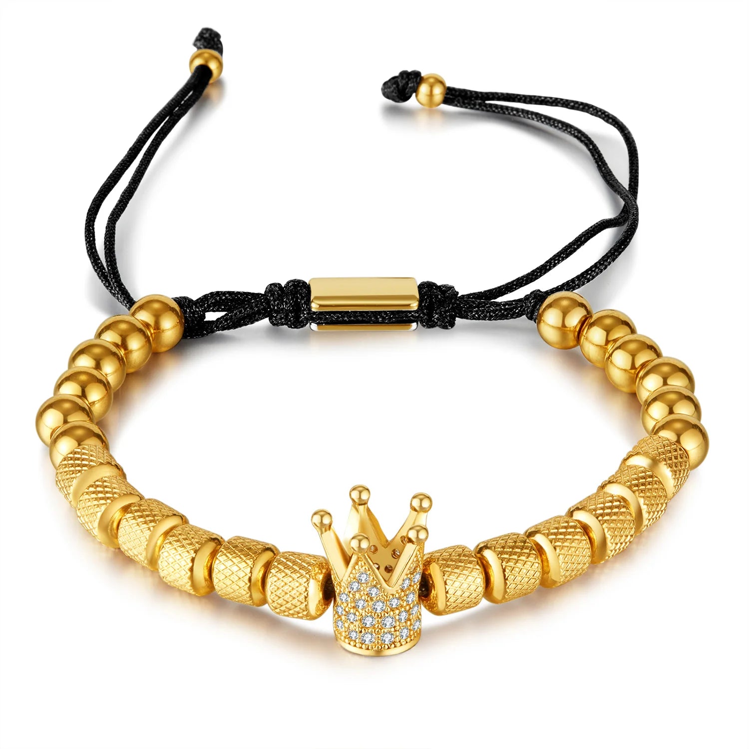 Luxury Free Size Stainless Steel Bracelets Adjustable Bead Gold Plated King Crown Diamond Bracelets DIY Jewelry Gift Set