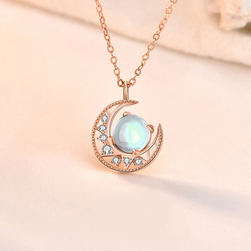 Aimgal Fine Jewelry Dainty Rose Gold 925 Sterling Silver Moonstone Pendant Necklace Star Moon Link Chain for Engagement Gifts