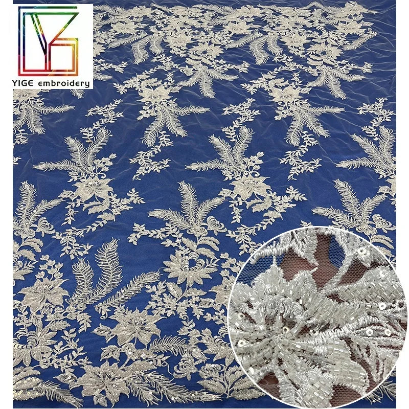 French Heavy Beaded Sequins Embroidery Tulle Lace Fabric Luxury White Bridal Beads Mesh Lace Fabric for Wedding Dresses