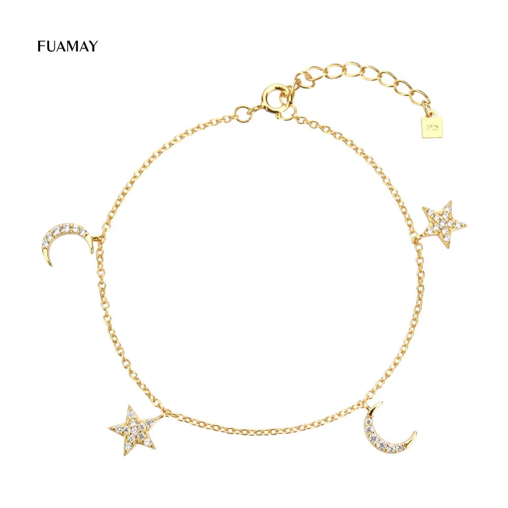 FUAMAY 925 Silver Classic Women's Bracelet with Zircon Star Moon Charm Pendant and Beads for Anniversary Wedding Party Gift