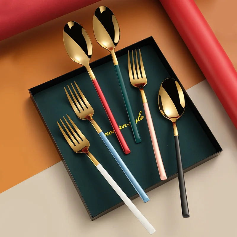 Wholesale Korean Travel Gold Rose Gold Black Rainbow Dessert Metal Spoon and Fork Stainless Steel Cutlery Set