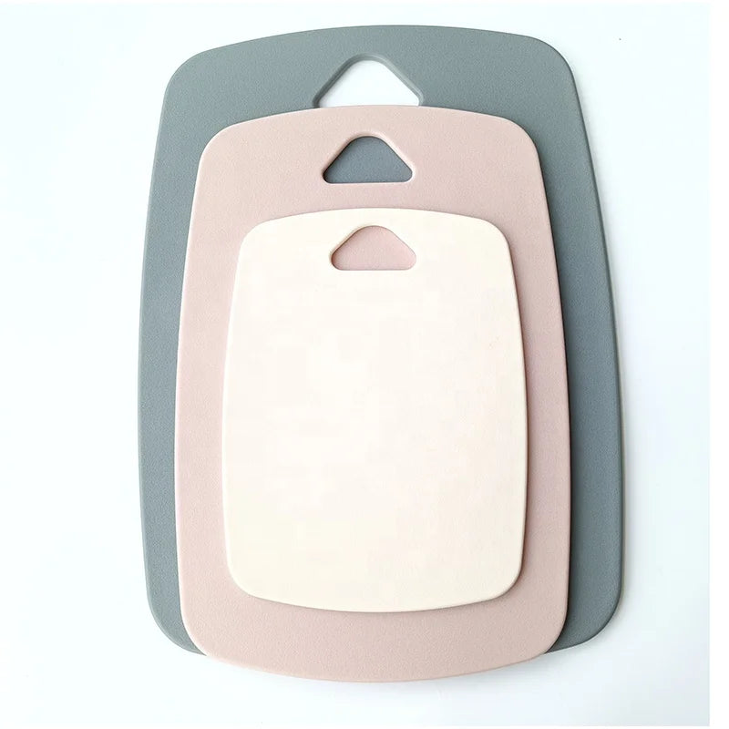 Multi Color Set of 3 Durable Non-Slip PP Plastic Food Contact Safe Rectangle Chopping Board Set with Holder for Kitchenware