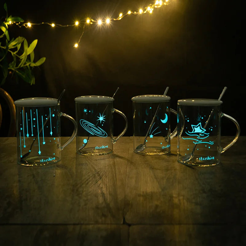 500ml Creative Star Moon Pattern Coffee Tea Cups Luminous Glass Mug