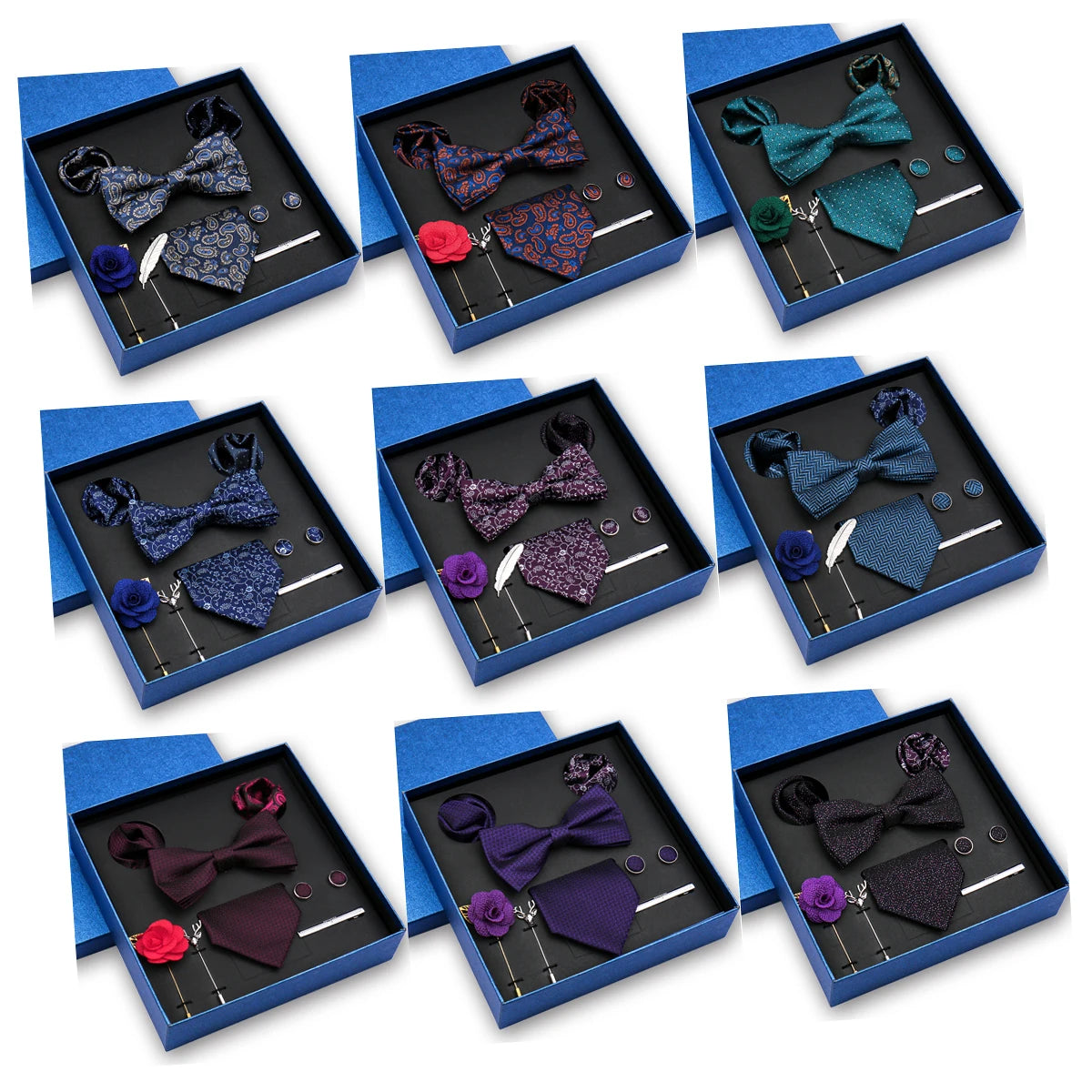 Black Jacquard Men's Necktie Set Logo Gift Box Including Bowtie Pocket Squares Cufflinks Clip Wedding Parties Business Suits