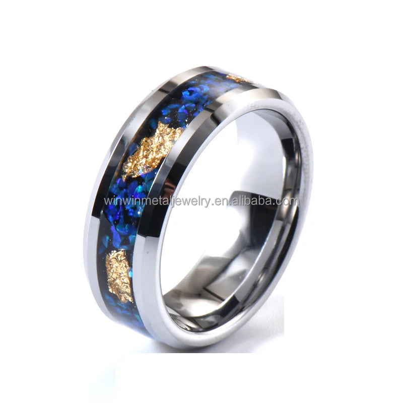 8mm Tungsten Rings Men Polished Gold Leaf Blue Opal Stone Wedding Ring Inlay Silver Trendy Engagement Gift Party Fashion Style
