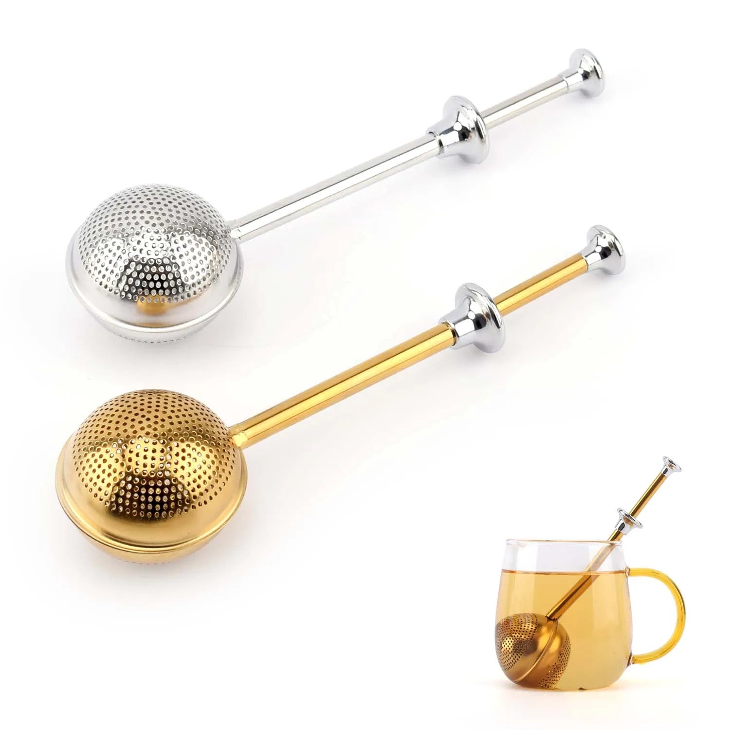 AMZ Hot 304 Stainless Steel Tea Diffuser Gold Tea Strainer Infuser With a Spring-loaded Opening