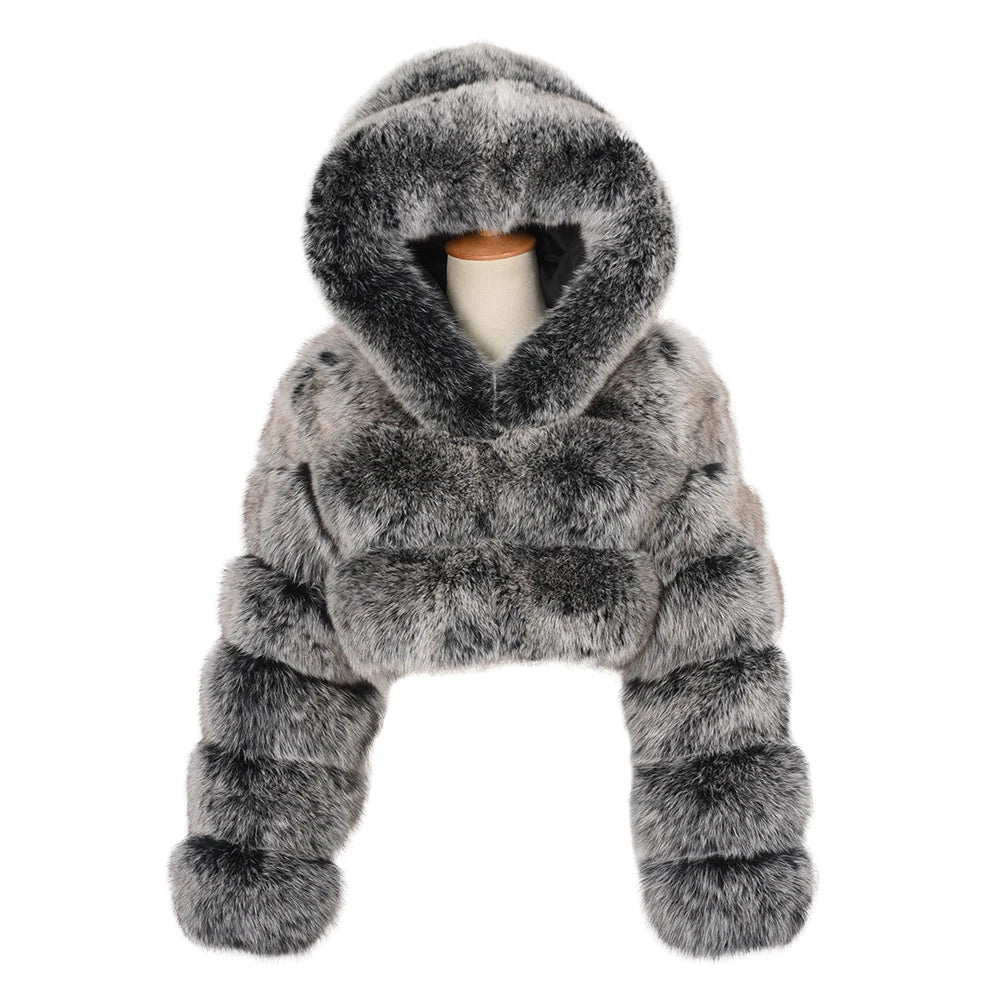 Women Faux Fur Coat With Hood Fashion Fake Fur Jackets Short Plus Size Coats