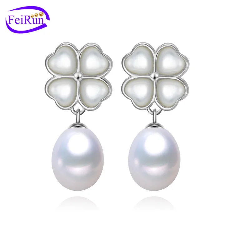 FEIRUN Flower Shape S925 Sterling Silver Pearl Earrings Pearl Stud Earrings for Women