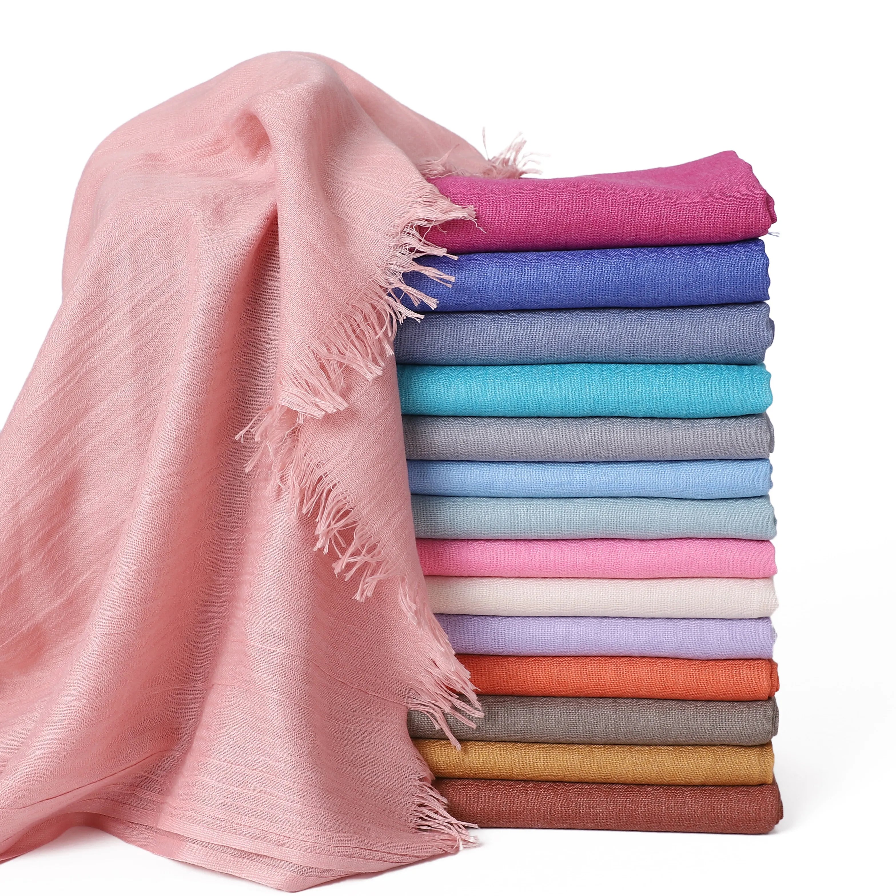 Fashion Solid Color 100*190cm Tudung Bawal Cotton Voile Shawl Wrinkle Muslim Women Scarfs Crimp Tassek Crinkle Hijab Scarves