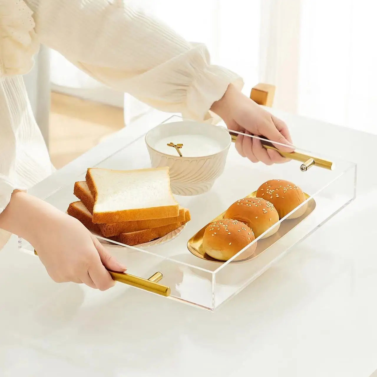 Wholesale YIJINYUAN Clear Acrylic Popsicle Tray Gold Metal Handles Transparent Decorative Lucite Storage Insert Serving Trays