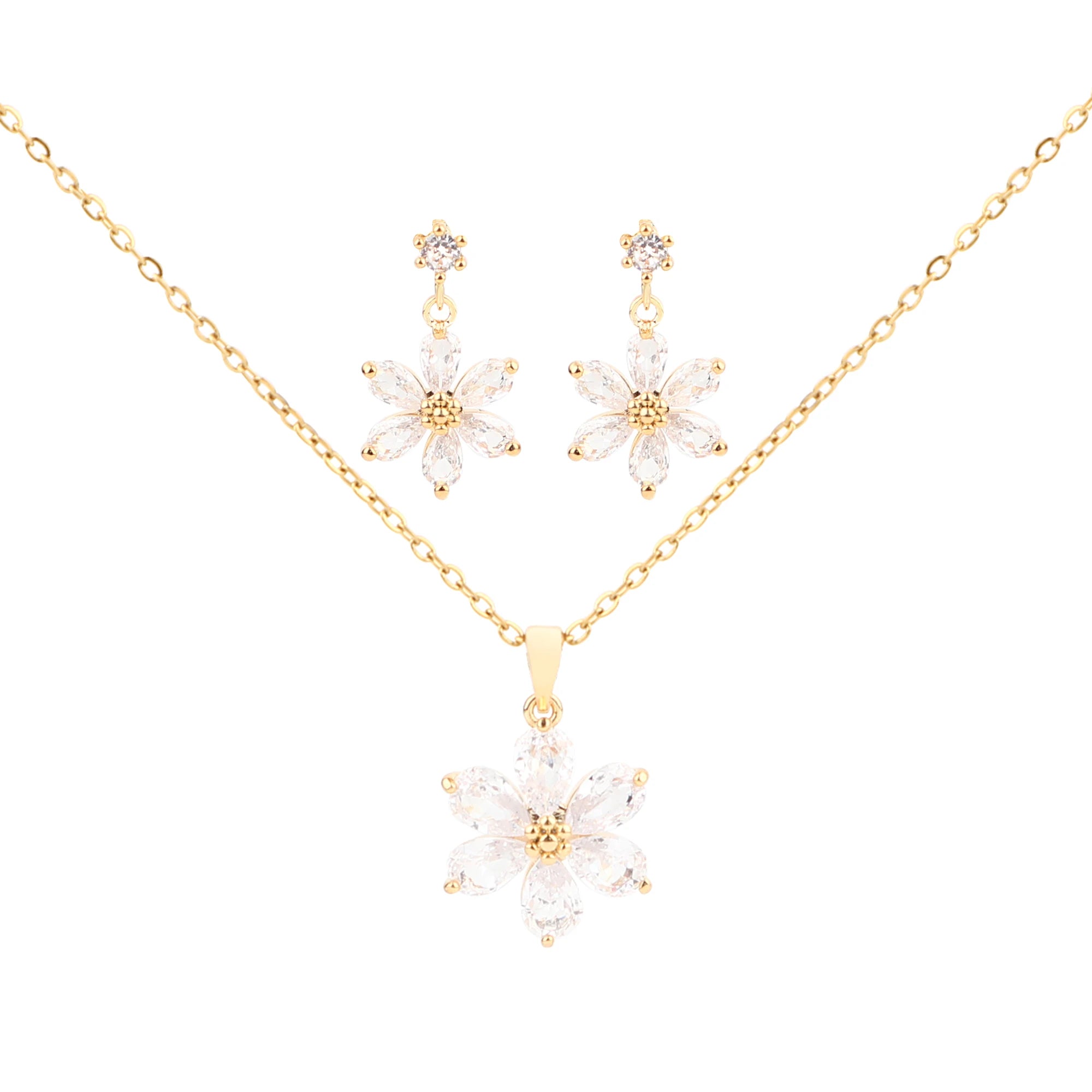 Gold Plated Jewellery Women Zircon Petal Flower Pendant Necklace and Earring Sets in Copper Alloy Jewelry Fashion Trend 2021