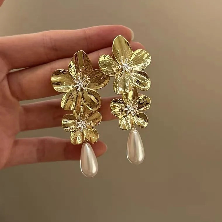 Ilona Vintage Floral Pearl Drop Earrings 18K Gold Plated Copper Double Flower Teardrop Statement Studs Bridal  Jewelry Gift