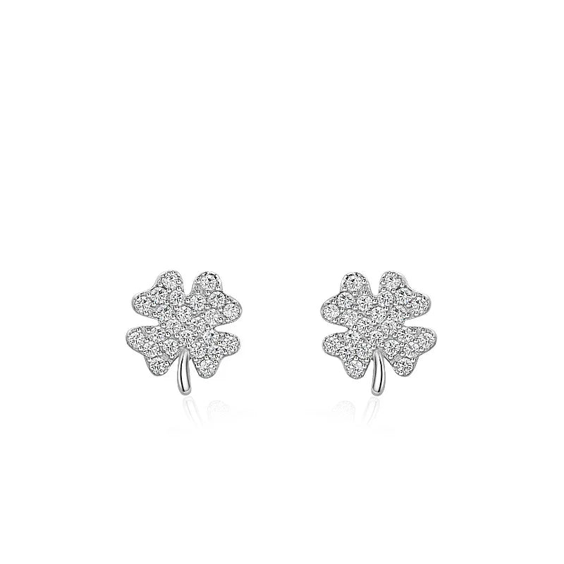 Women Fine Jewelry 925 Sterling Silver Sweet Girl Rhodium Plated Zircon Four-leaf Clover Heart Stud Earrings