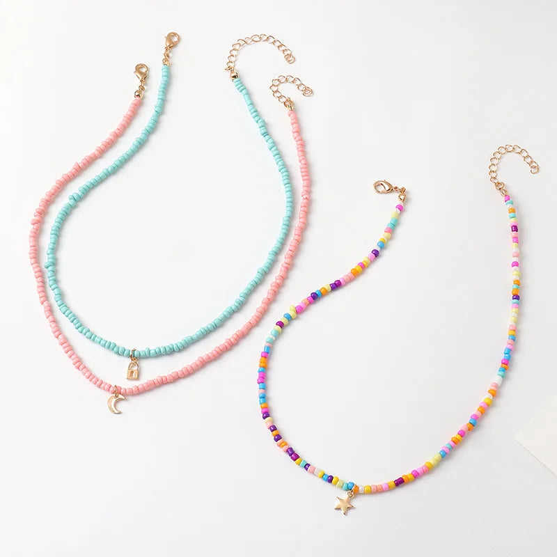 Bohemian Style Candy Colorful Acrylic Seed Beads Gold Star Moon Charm Choker Necklace Set for Women Girls