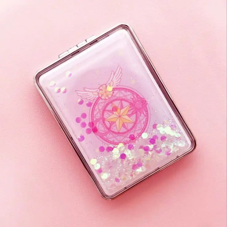Newest Selling Shiny Crystal Liquid Quicksand Cat Paw Foldable Mirror Starry Night Cardcaptor Dolphin Girly Series Pocket Mirror