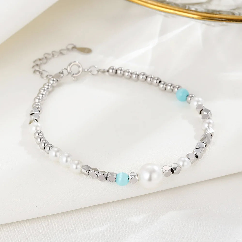 Handmade 925 sterling silver geometric square bead pearl bracelets personalized women geometric beads bracelet
