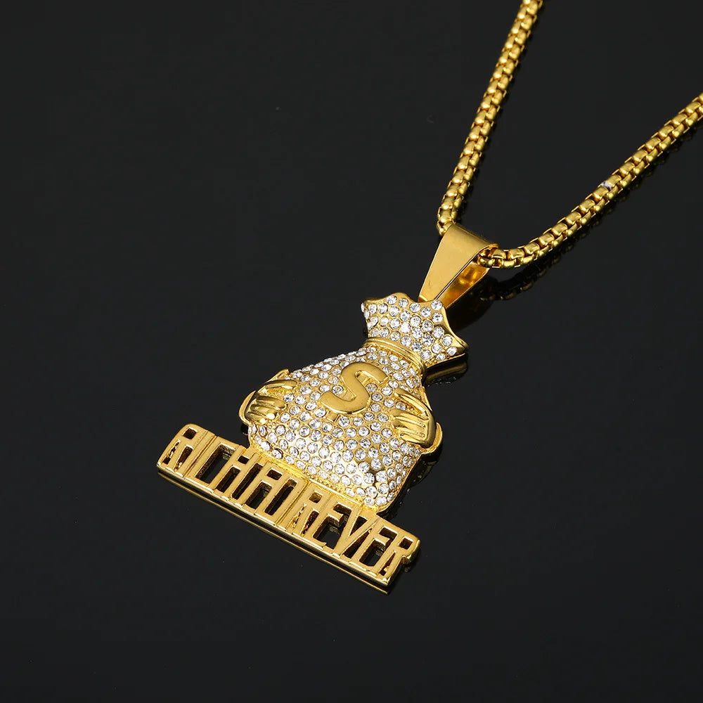 Hip Hop Pendant Necklace with Gold Plating Bling Zircon Money Bag Fine Charms & Pendants Stainless Steel Necklace