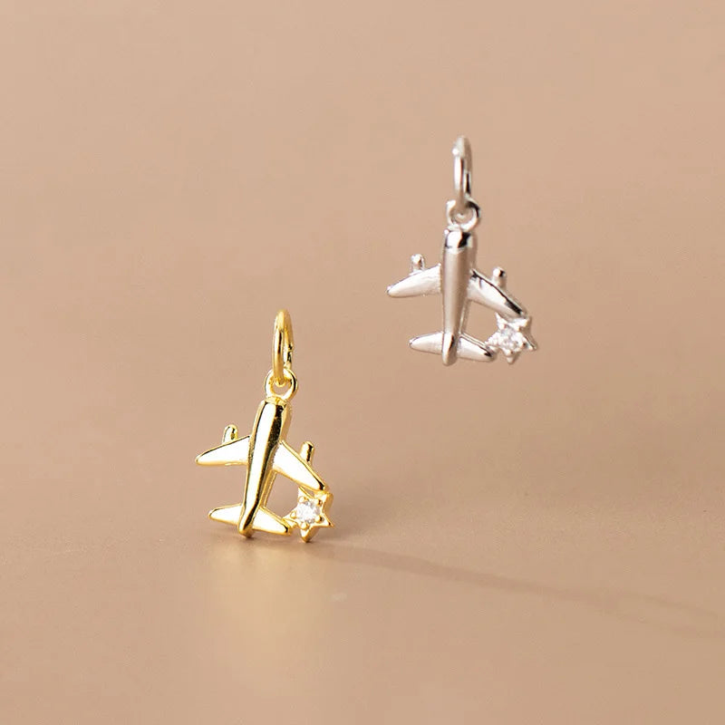 10mm Mini Golden 925 Sterling Silver Plane Charm CZ Micro Pave Pendant for Necklace Findings Supplies