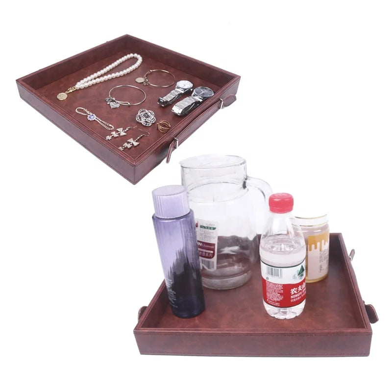 Custom Single Tier Square PU Leather Modern Luxury Multifunction Organizer Serving Tray Handle for Jewelry Tableware Home