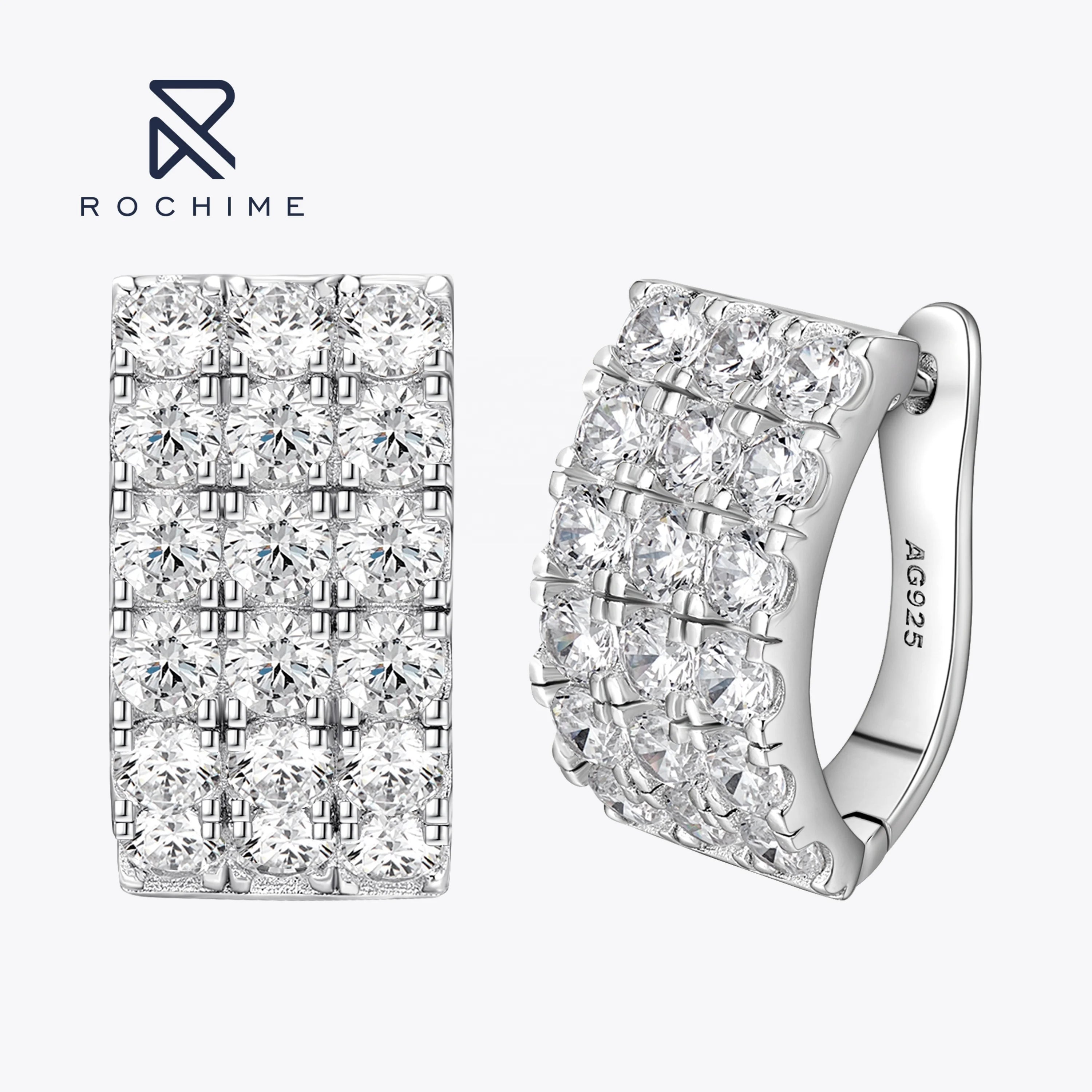 Rochime Sparkling Three Rows Diamond Earrings 925 Sterling Silver Rhodium  Plated 5a Zircon Jewelry for Women