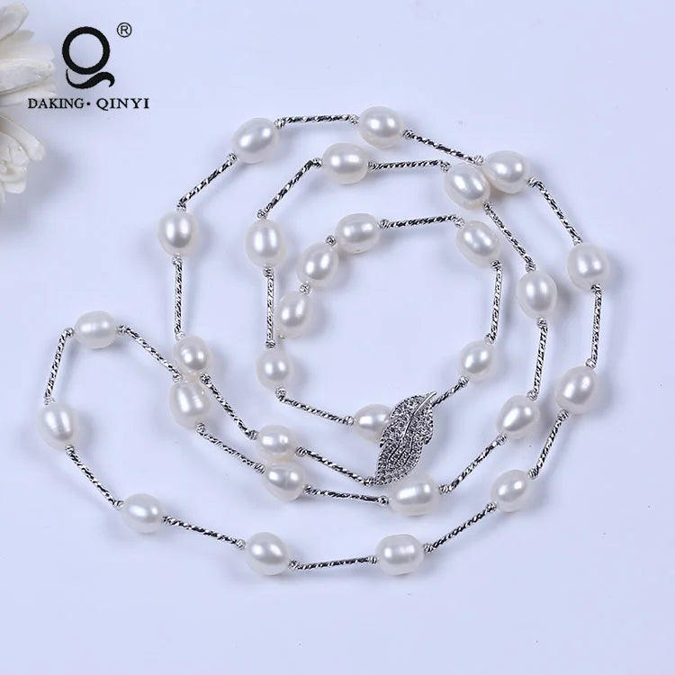Modern Latest Designs Women Jewelry Long Chain Silver Natural White Freshwater Peal Necklace