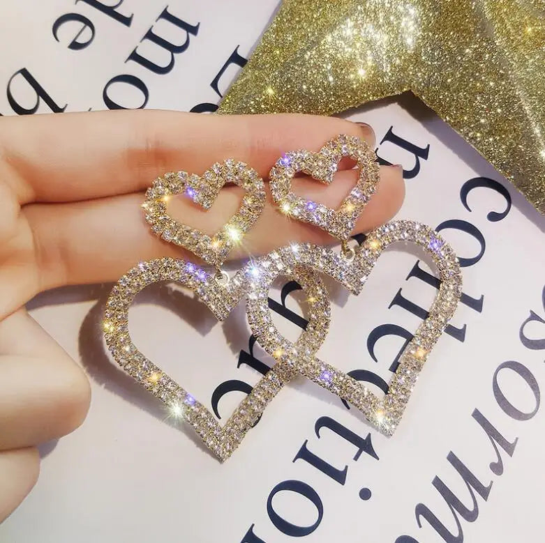 Luxury Crystal Gold Silver Double Heart Shaped Earrings Rhinestone Diamond Fashion Women Jewelry Wedding Valentines Earrings