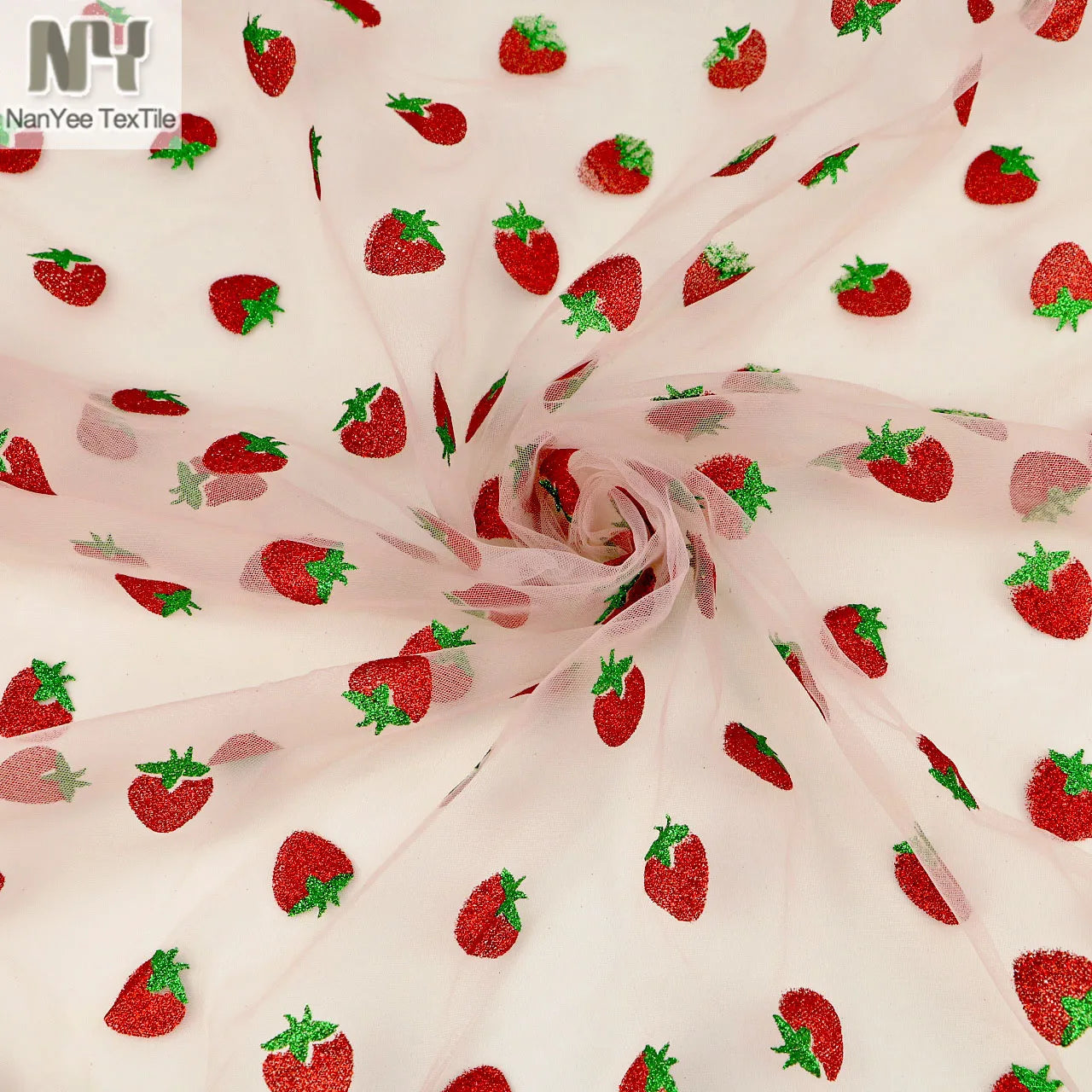 Nanyee Textile Fruit Design Foiled Red Green Strawberry Glitter on Tulle Fabric for Kids' Wear