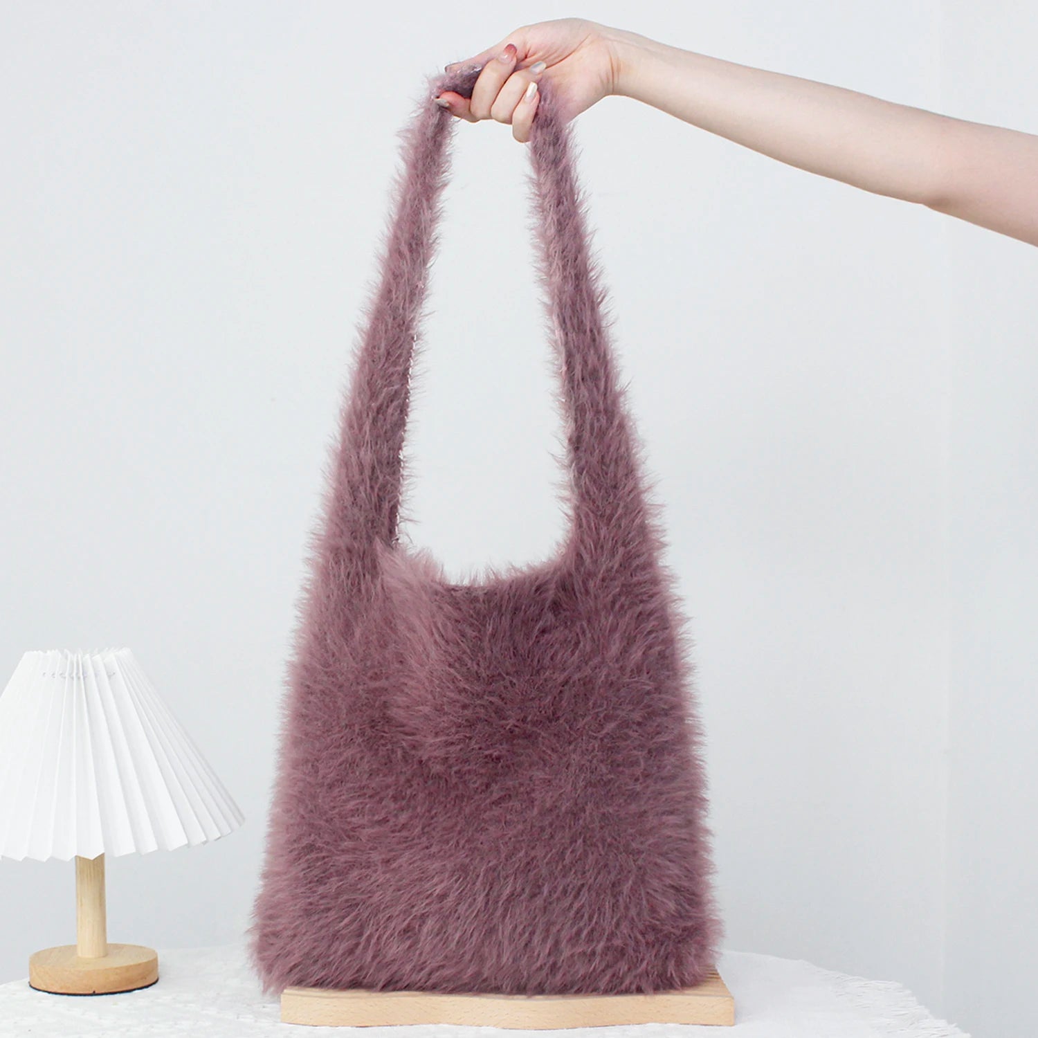 Lightweight Korean Style Winter Tote Bag Warm Soft Dark Purple Plush Hobo Shoulder Bag Knitted Crochet Portable for Women Girls