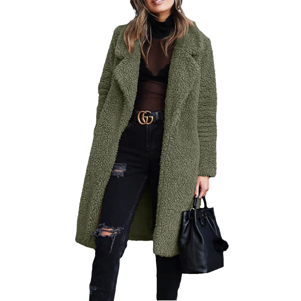 Women's Winter Double-Sided Plush Woolen Coat Lamb Wool Fleece Long Length Double Breasted Closure Logo Decoration Nonwoven