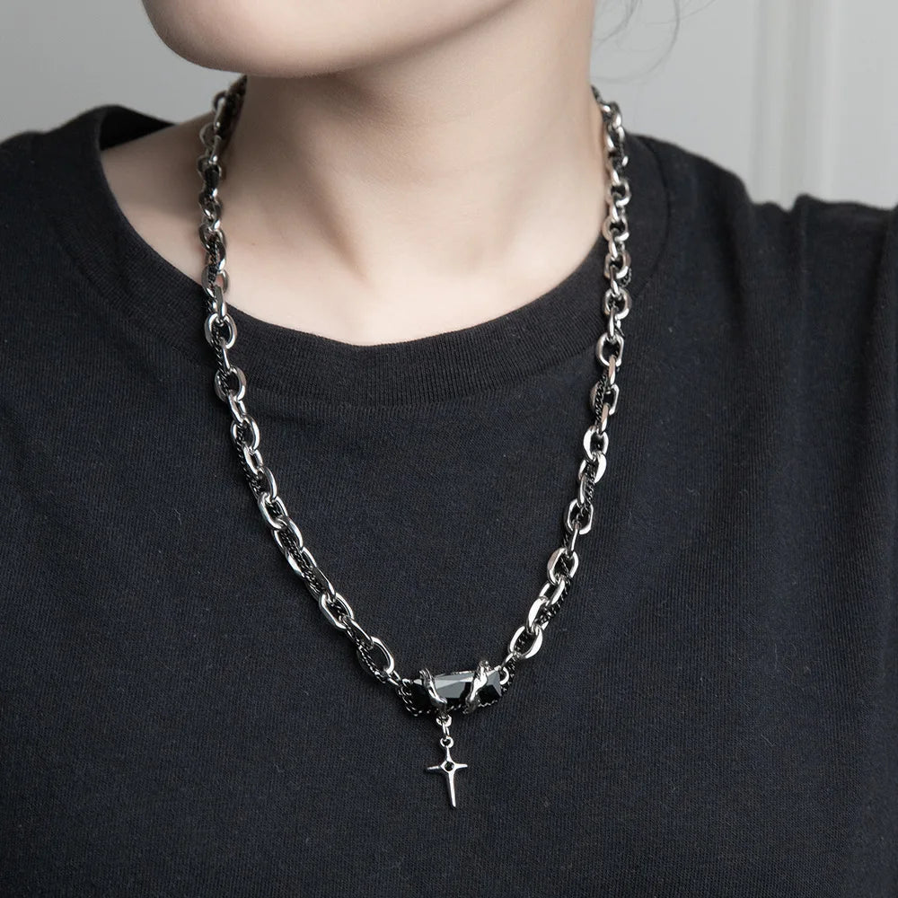 Elegant Black Zircon Multi-Layer Twining Necklace for Unisex Cool Mosaic Cross Clavicle Chain Necklaces Jewelry