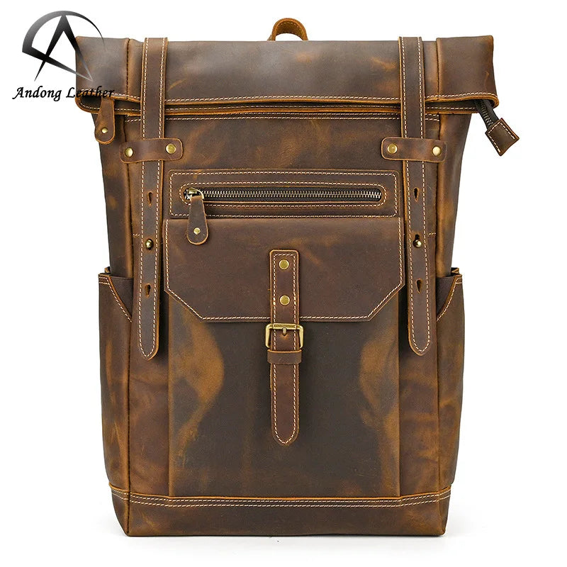 Andong Retro Men Backpack Crazy Horse Leather Backpacks Genuine Cow Leather