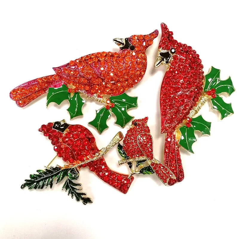 Wholesale Animal Cardinal Red Rhinestone Brooch Pin Crystal Zinc Alloy Jewelry for Engagement Christmas Gift
