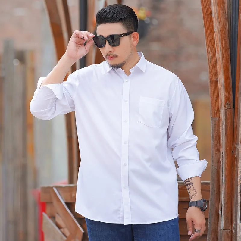 2023 Large Size Men's Casual Shirt Men's Business Loose Plus Fat Size Solid Color Long-sleeved Shirt