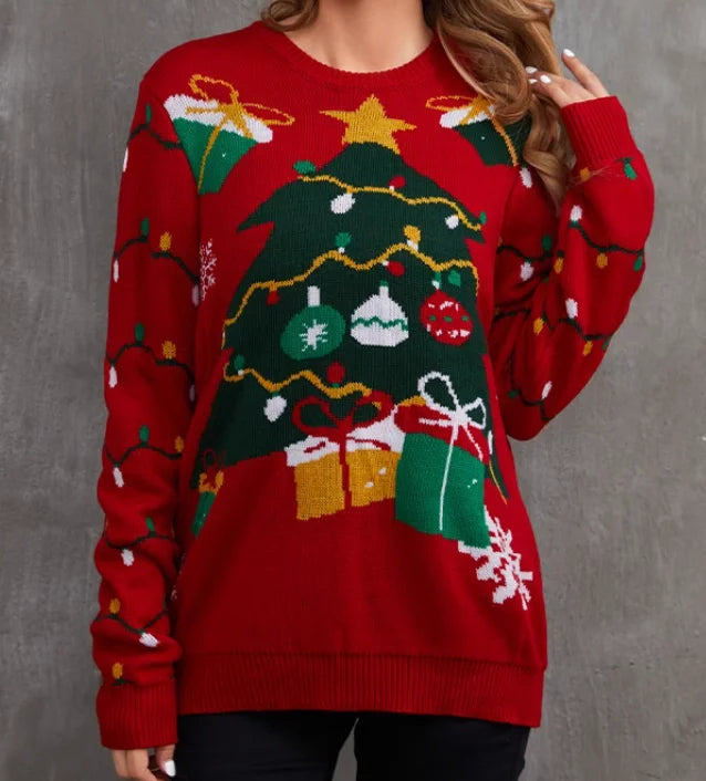 Women's Christmas Knitted Pullover Sweater Long Korean Style Breathable Fashionable Front Logo Cartoon Pattern for Winter Autumn