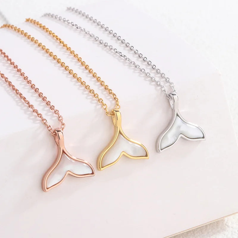 Go Party Dainty S925 Sterling Silver Mermaid Whale Tail Pendant Necklaces Women Delicate Agate Fritillaria Fishtail Necklace