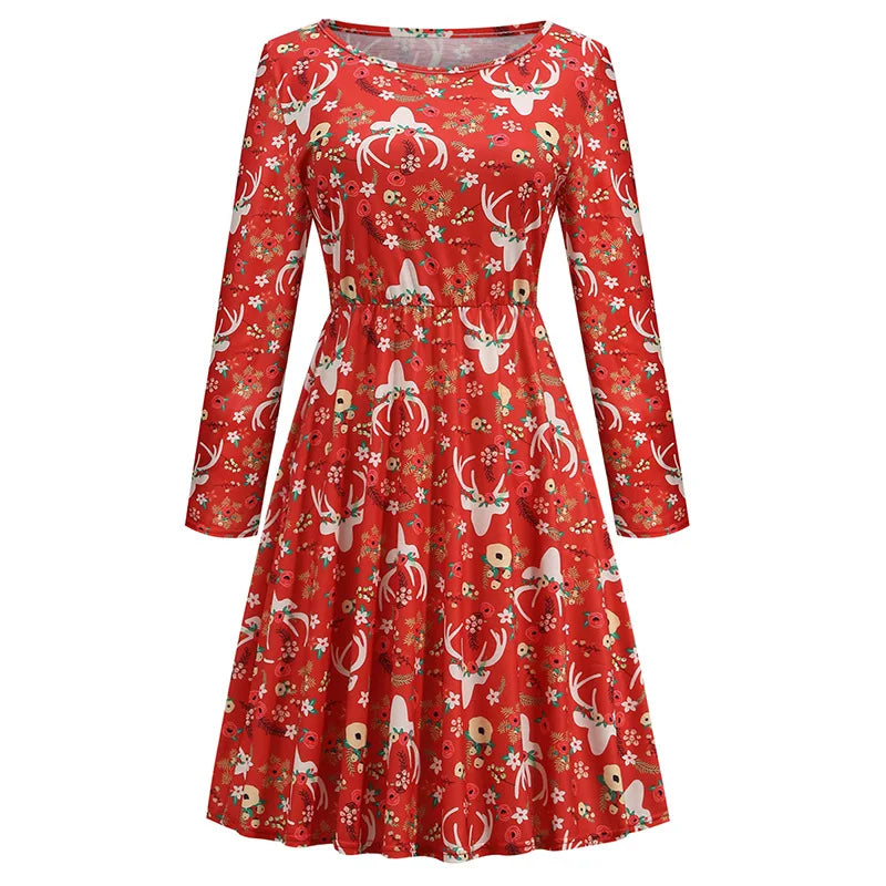 Long Sleeves Round Neck Collar Digital Printing Casual Mid Length Shirt Dress Christmas Dresses for Women Clothes