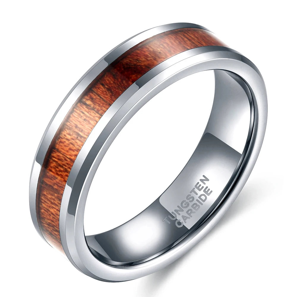 OAHLAN Fashion Jewelry Customized 6mm Band Classic Silver Color Wood Inlay Tungsten Carbide Ring for Men Engagement Wedding Gift