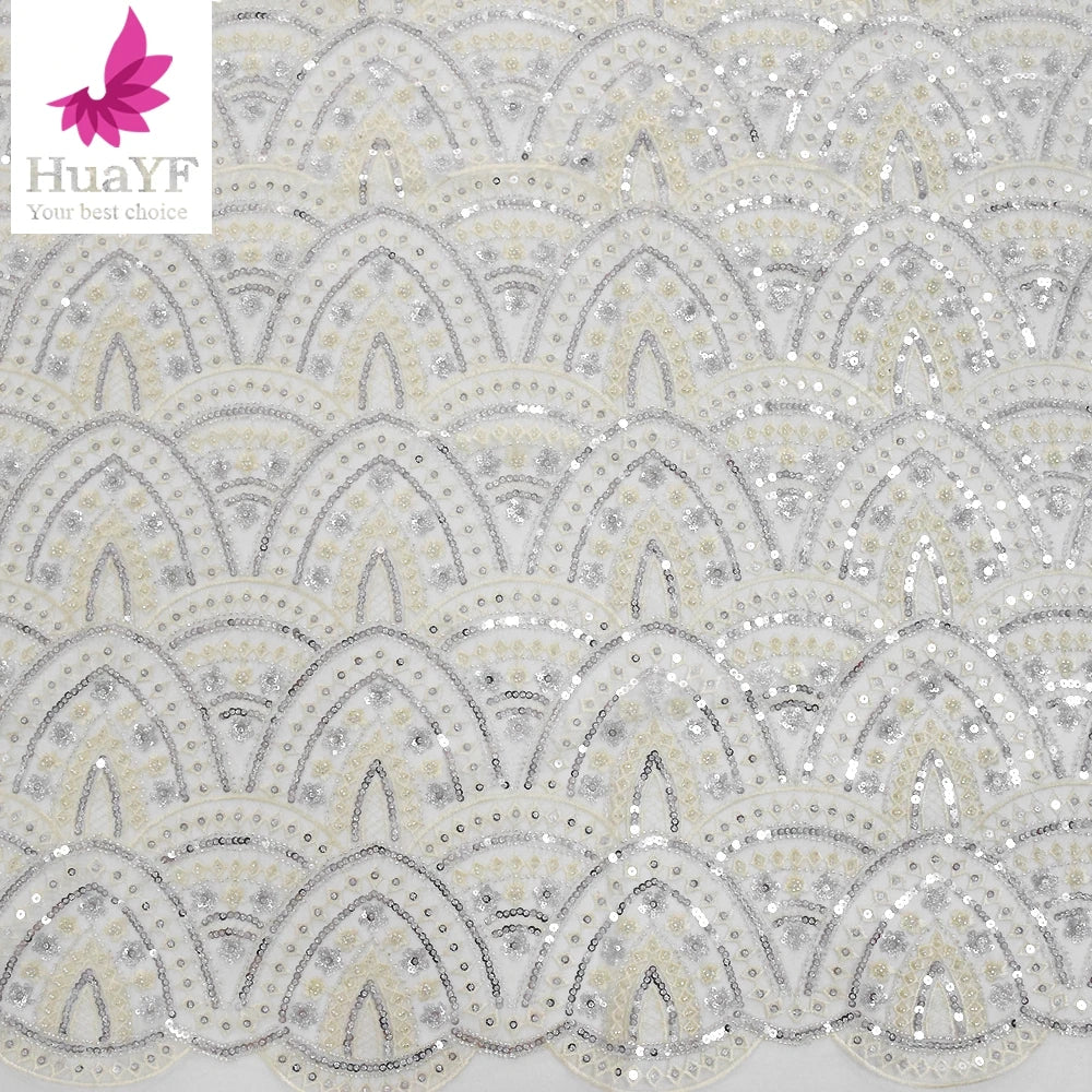 HY1159 African Laces Fabrics High Quality Tulle Design Beaded Lace With Sequin Gemstone for Bridal Dress Womens Clothing Fabric