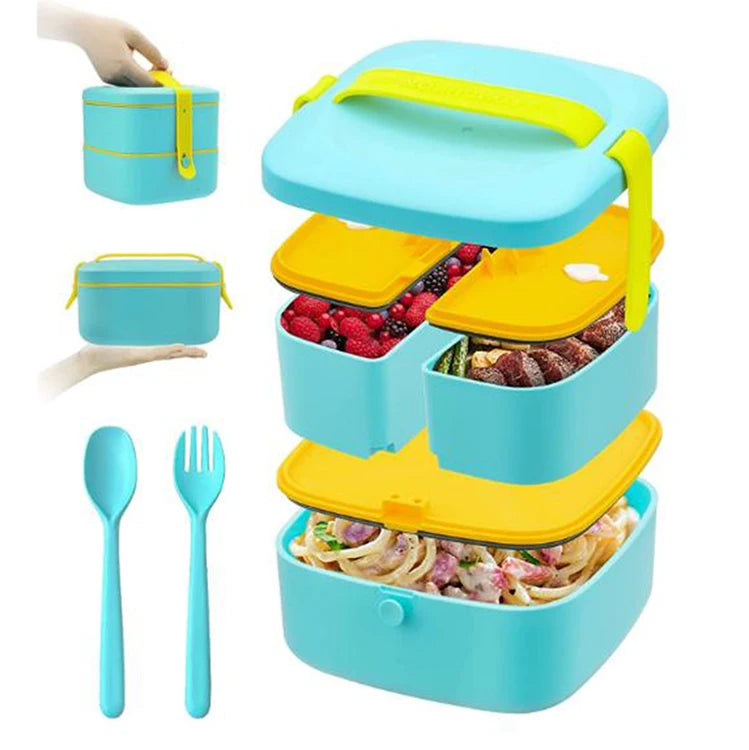 Food Grade Microwave WaterProof BPA Free Plastic Bento Lunch Box Double Layer 3 Compartments Kids Adult Lunch Box With Cutlery