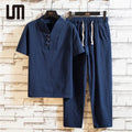 Liu Ming Customized Wholesale Summer Chinese Style Men Casual Cotton Linen T Shirts Pants 2 Piece Set