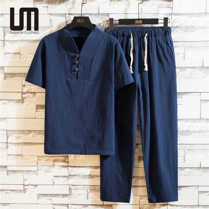 Liu Ming Customized Wholesale Summer Chinese Style Men Casual Cotton Linen T Shirts Pants 2 Piece Set