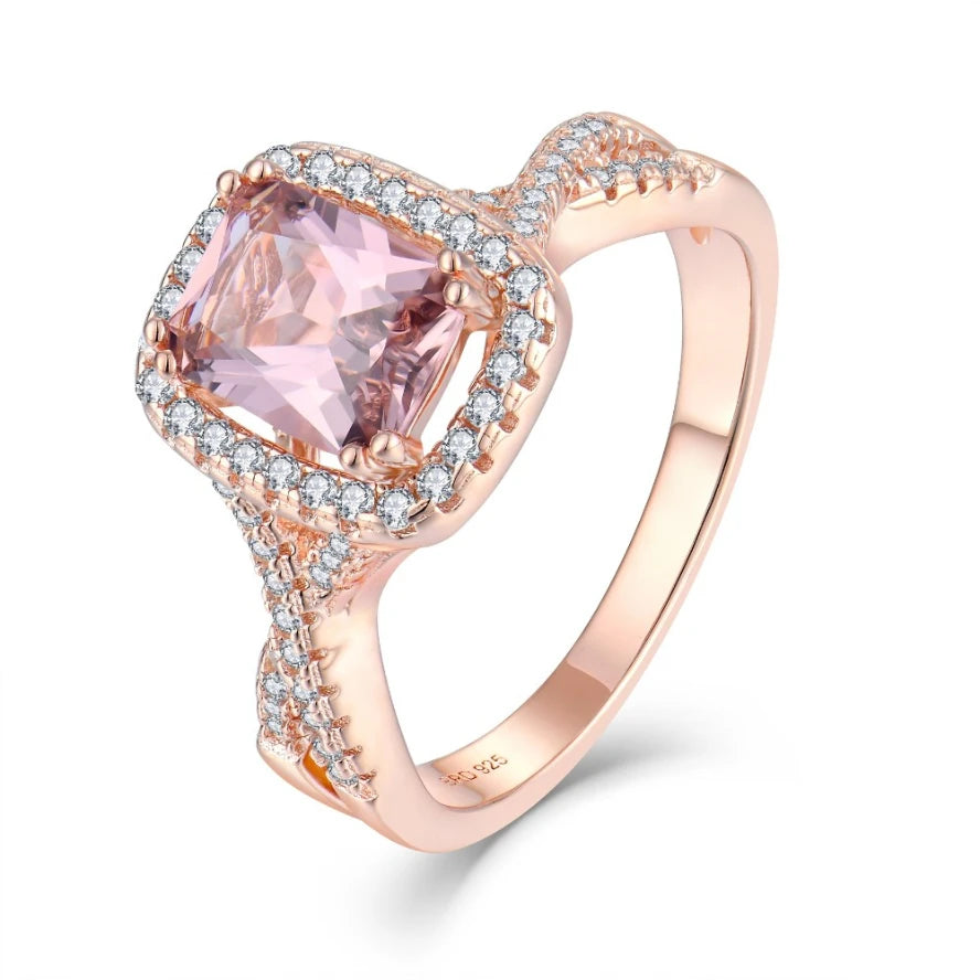 Rose Gold Plated Morganite Engagement Ring CZ Diamond Accents Timeless Romance Silver Ring 925 for Weddings and Everyday Wear