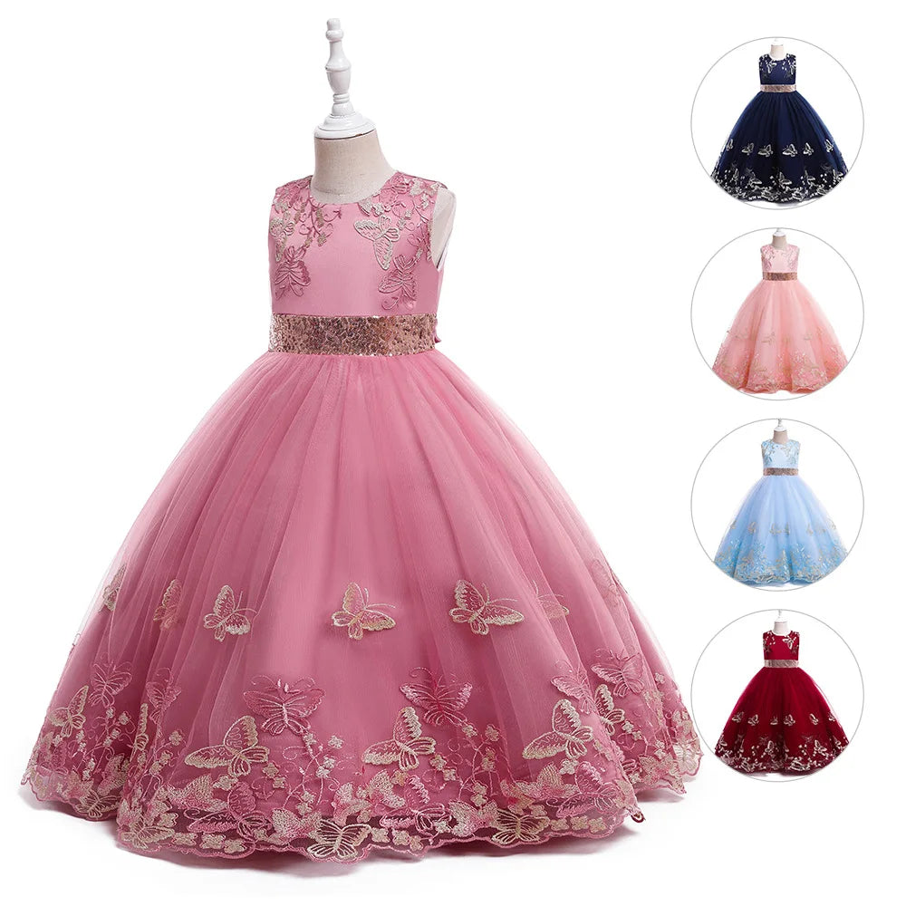 Girls Pink Beauty Dress Princess Lace Dress Birthday Modern Fancywork Evening Dress