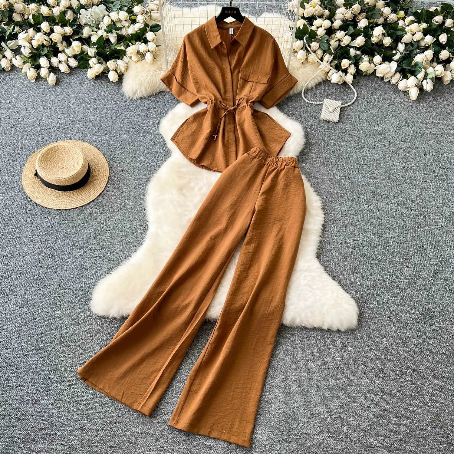 Summer Women'S New Two Piece Set  Short Sleeve Shirt Wide-Legged Straight Pants 2 Piece Set