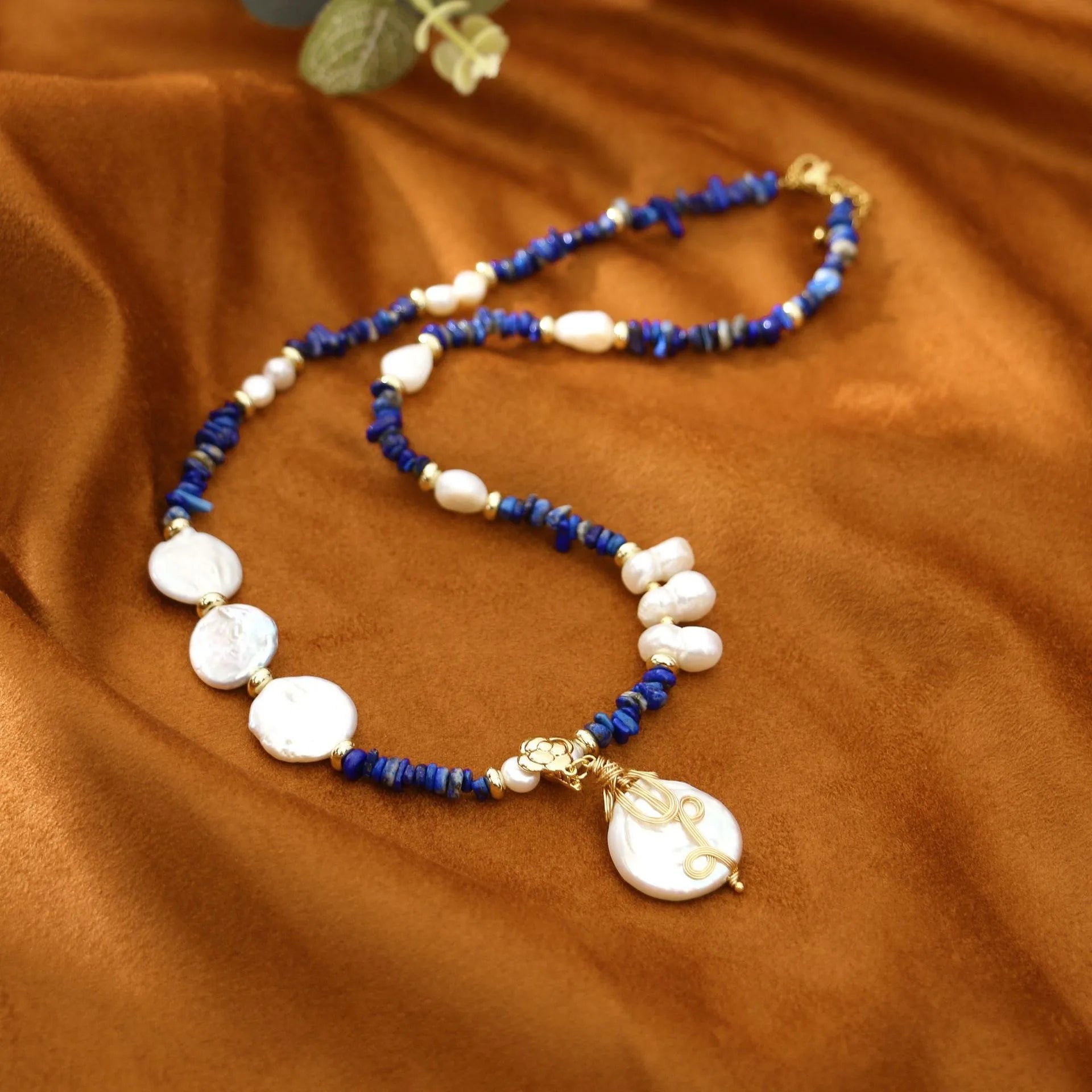 Luxury Freshwater Pearls Necklace Natural Stone Lapis Lazuli Beaded Necklace 18K Plated Chain Jewelry Set for Women Girls Gift